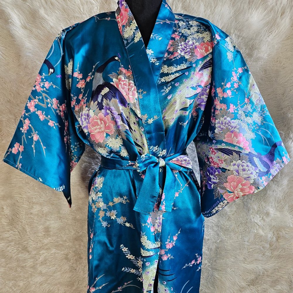 VTG Authentic Juguemm Women's Turquoise Peacock Blossoms Kimono Size 40